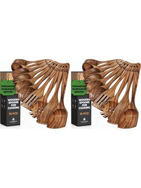 10 Pcs Non-Toxic Teak Wooden Cooking Spoons Set - Eco-Friendly Kitchen Utensils